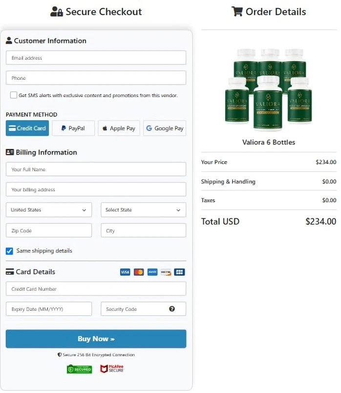 Valiora Secure Checkout Page